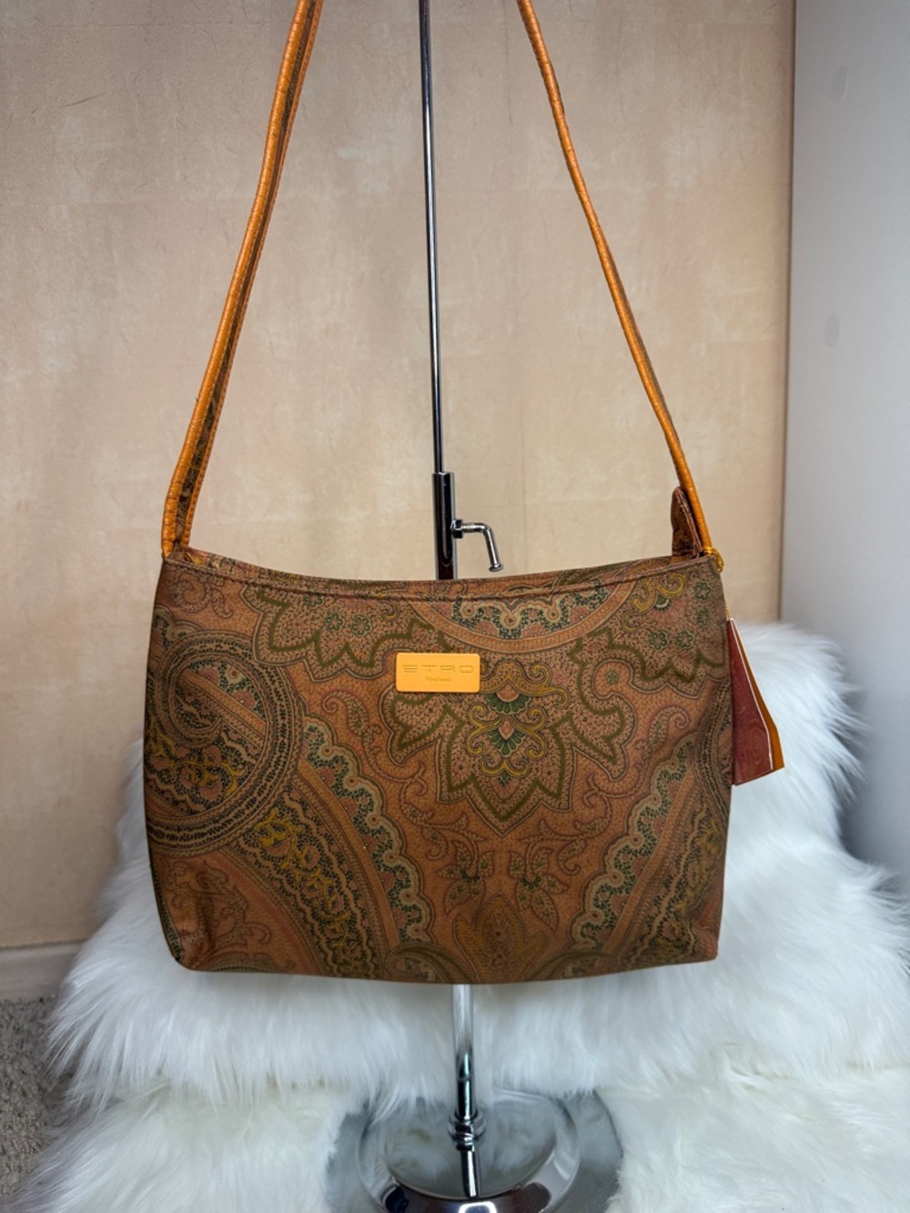 Etro Brown Paisley Shoulder Bag with Gold Logo Plaque